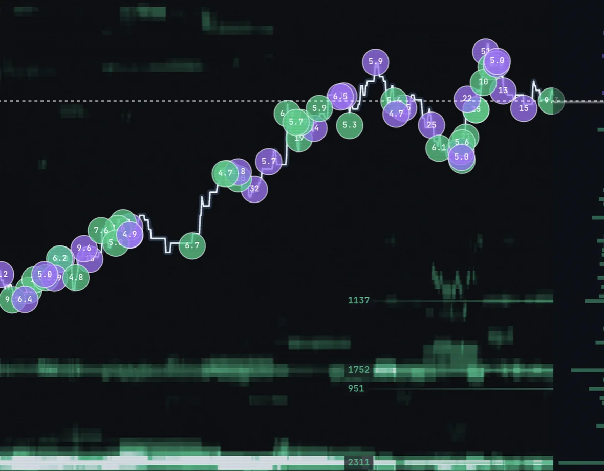 Live liquidity heatmap with glowing resting-order zones and liquidation magnets marked on the price path